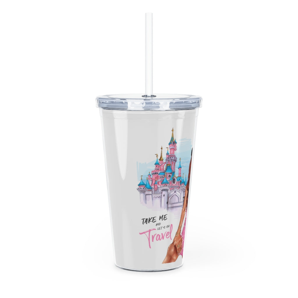 Take me and Let's go Travel Red Hair Plastic Tumbler with Straw