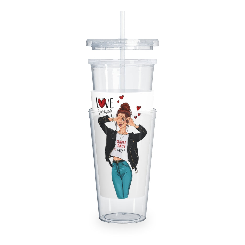 Love Yourself Red Hair Plastic Tumbler with Straw
