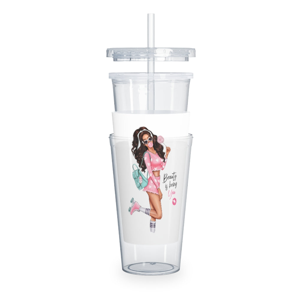 Beauty is Being You Brown Hair Plastic Tumbler with Straw