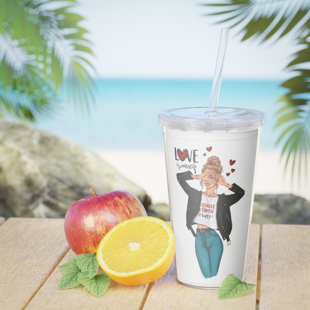 Love Yourself Blond Hair Plastic Tumbler with Straw