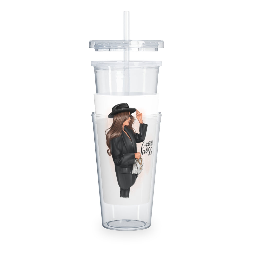 Girl Boss Brown Hair Plastic Tumbler with Straw