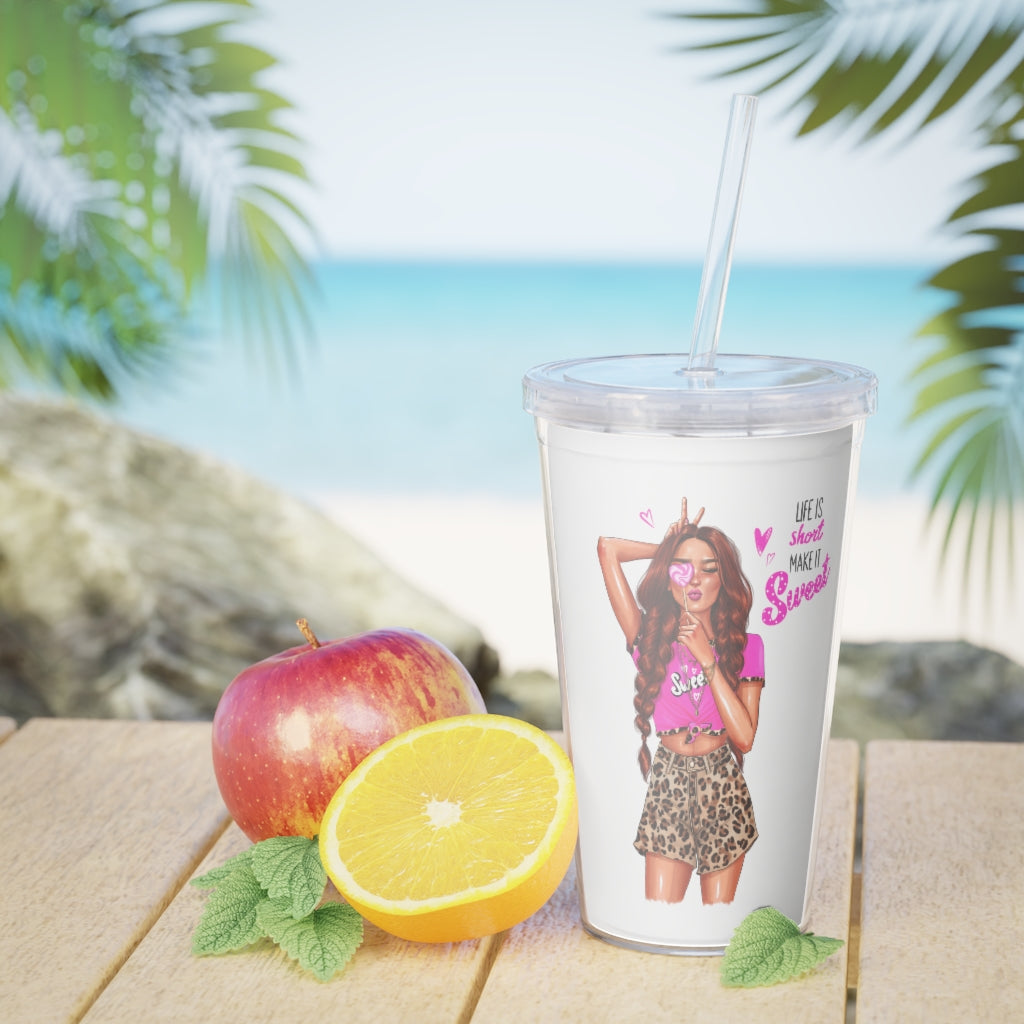 Life is Short Make it Sweet Red Hair Plastic Tumbler with Straw