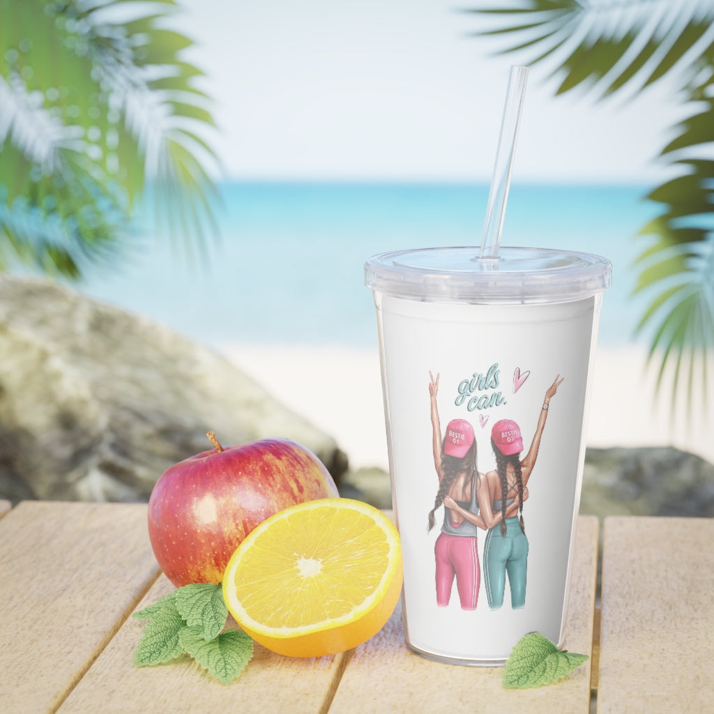 Girls Can Brown Hair Plastic Tumbler with Straw