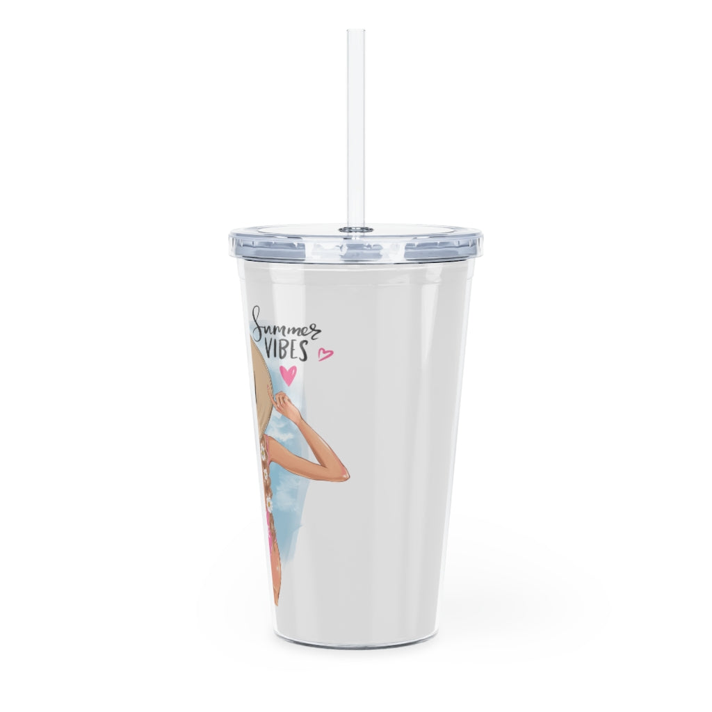 Summer Vibes Blond Hair Plastic Tumbler with Straw