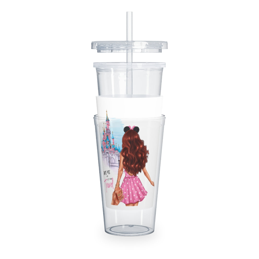 Take me and Let's go Travel Red Hair Plastic Tumbler with Straw