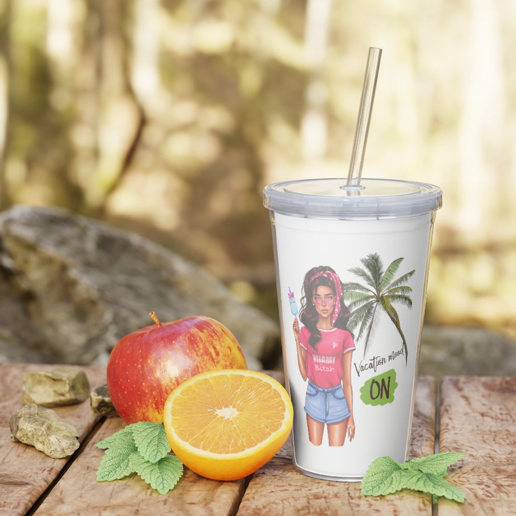 Vac Mood is On Brown Hair Plastic Tumbler with Straw