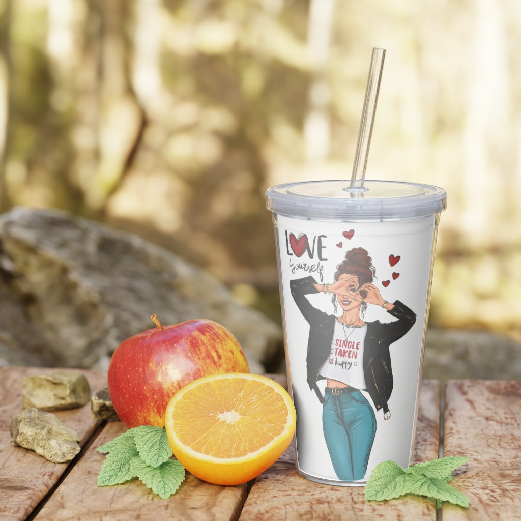 Love Yourself Red Hair Plastic Tumbler with Straw