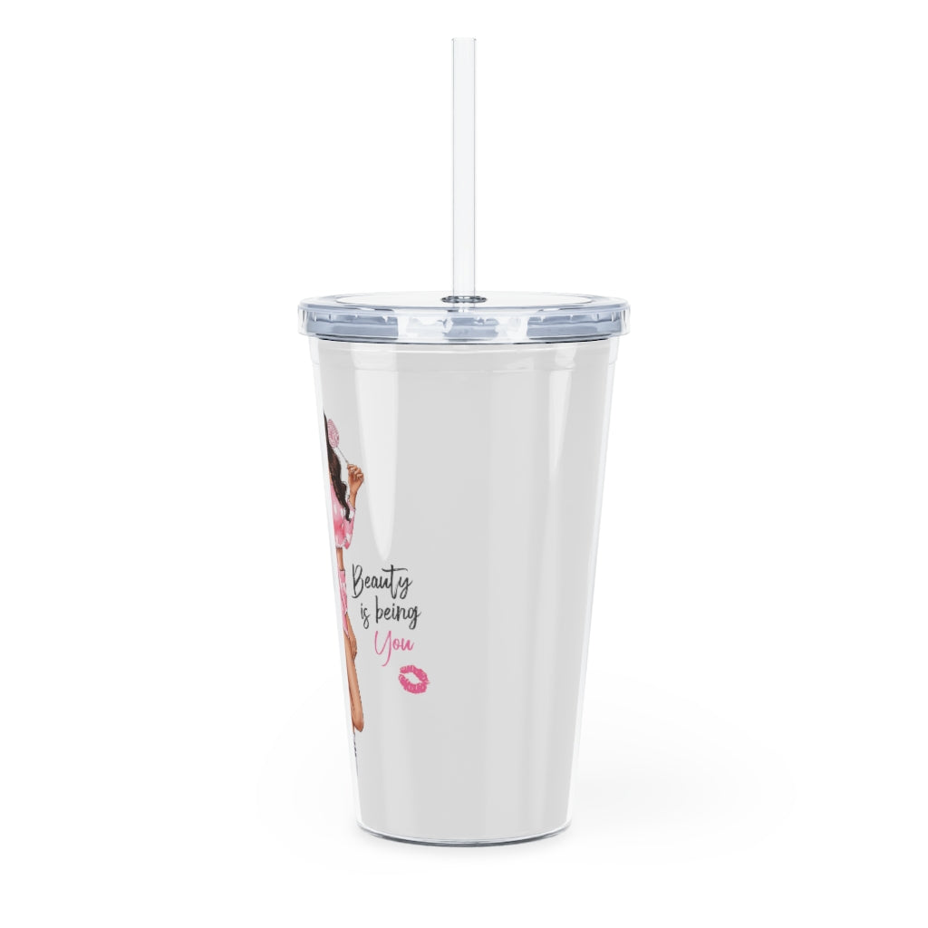 Beauty is Being You Brown Hair Plastic Tumbler with Straw