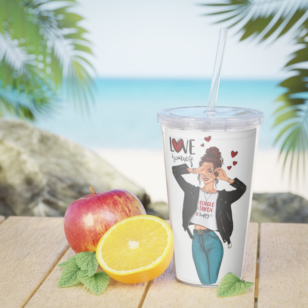 Love Yourself Red Hair Plastic Tumbler with Straw