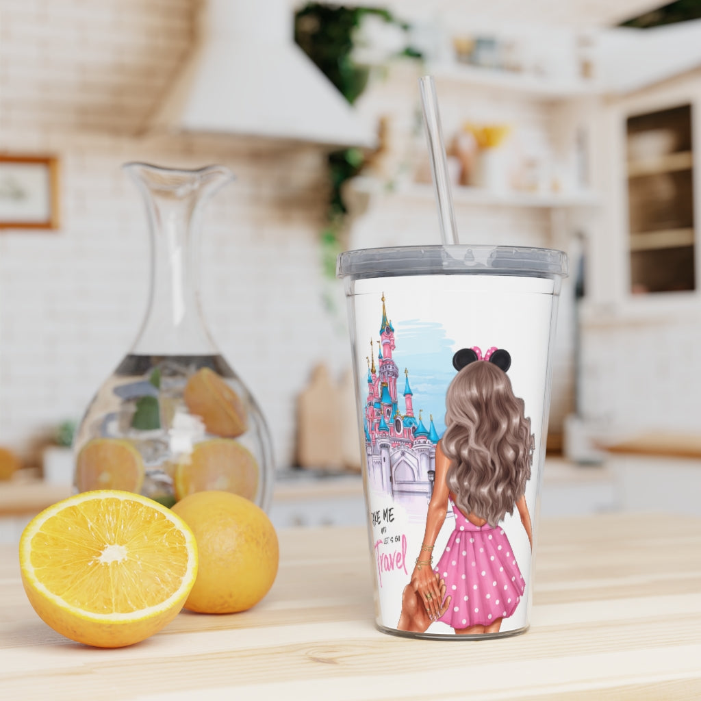 Take me and Let's go Travel Blond Hair Plastic Tumbler with Straw