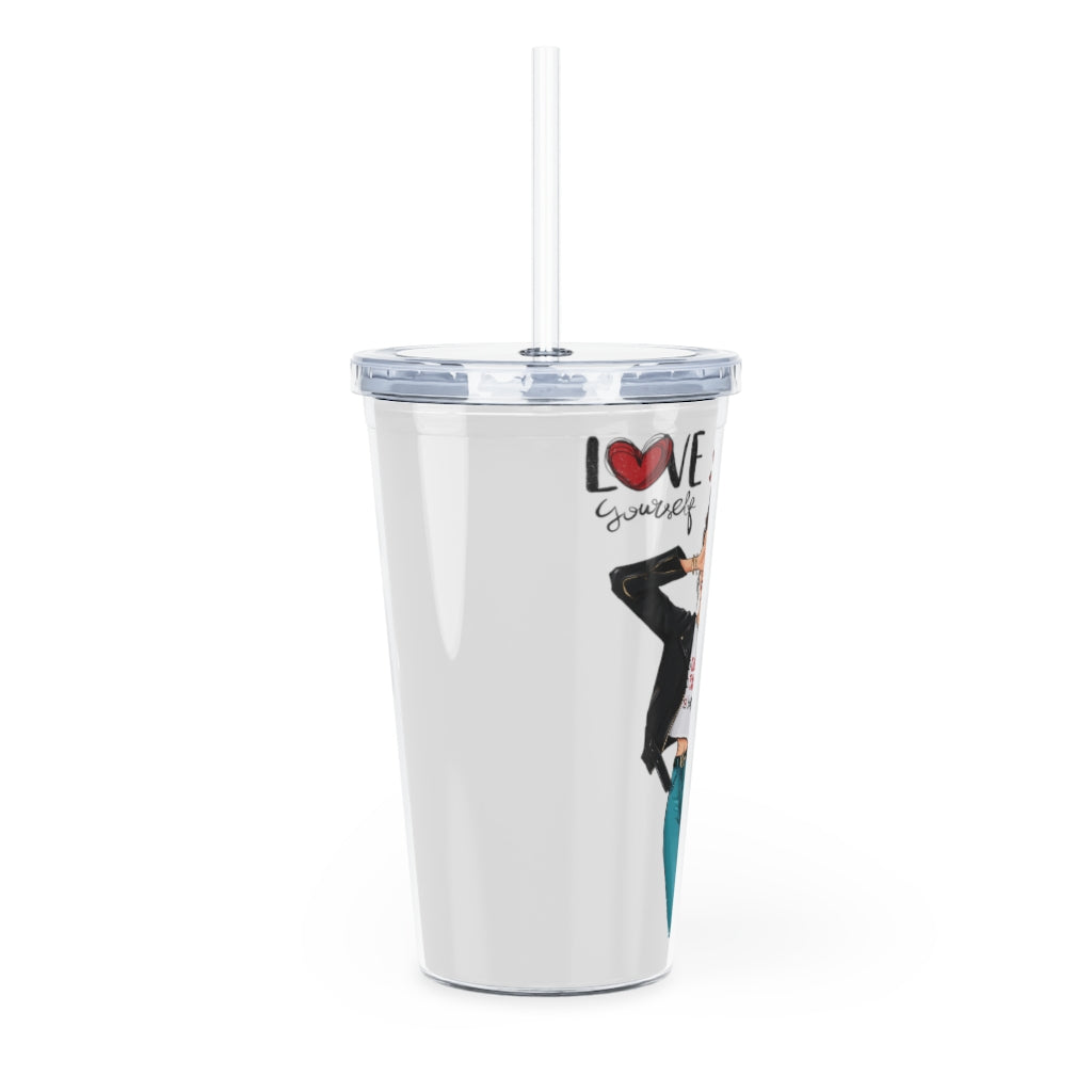 Love Yourself Brown Hair Plastic Tumbler with Straw
