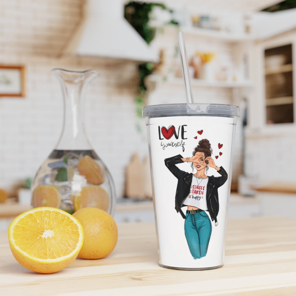 Love Yourself Brown Hair Plastic Tumbler with Straw