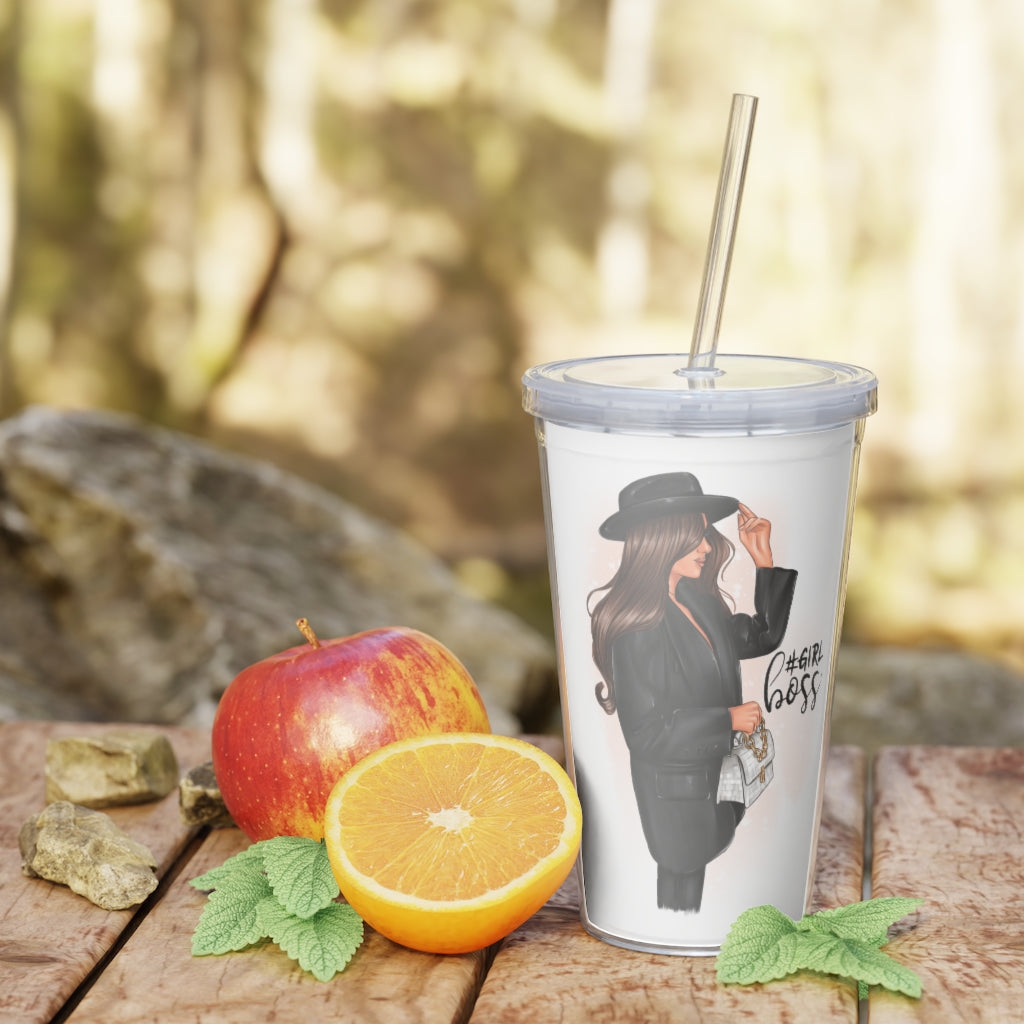 Girl Boss Brown Hair Plastic Tumbler with Straw
