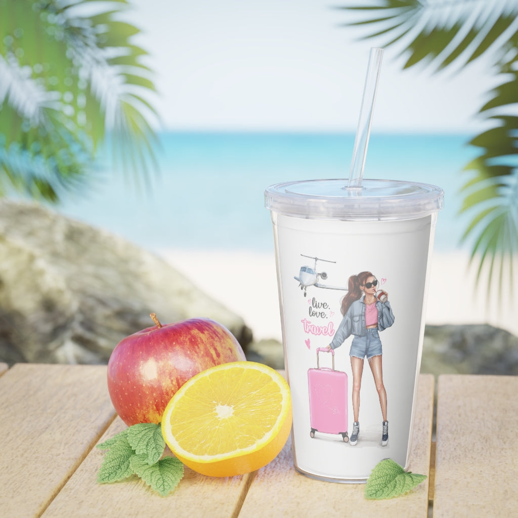 Live Love Travel Red Hair Plastic Tumbler with Straw