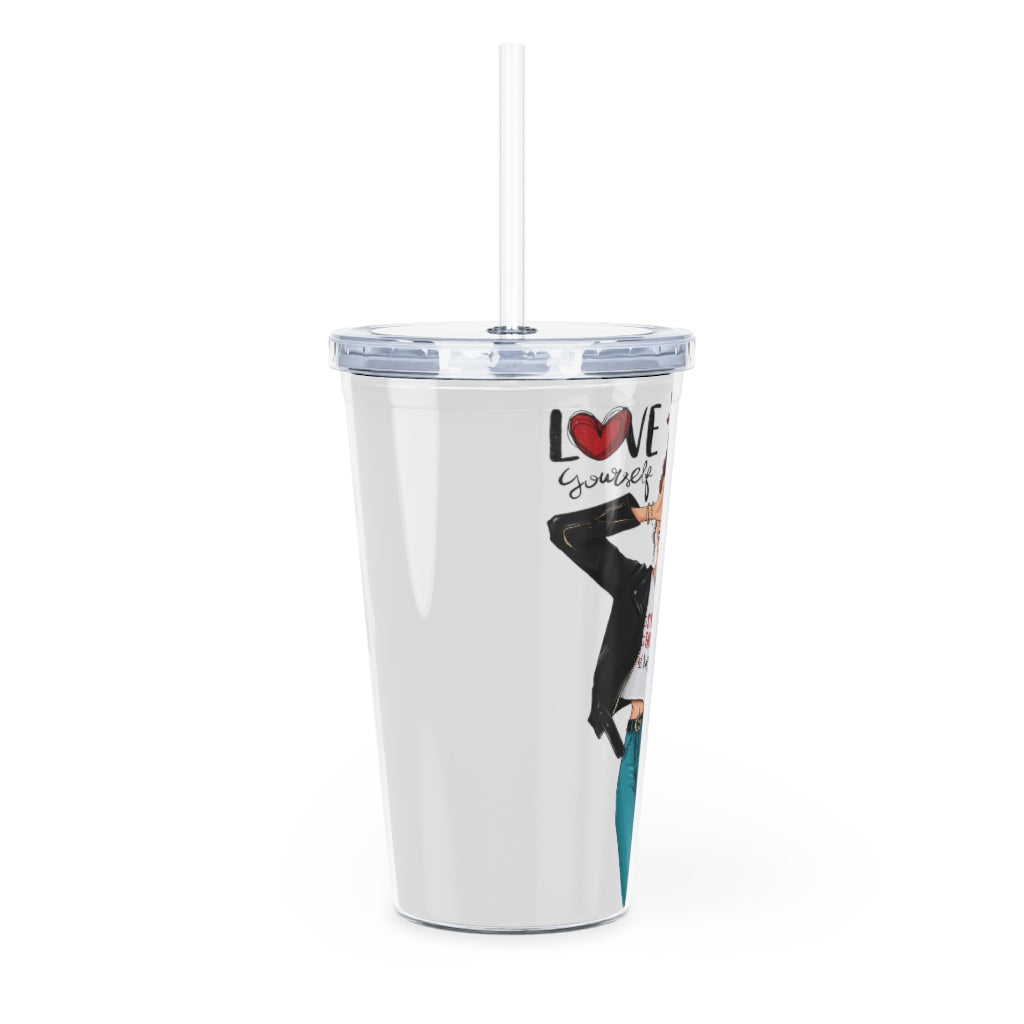 Love Yourself Red Hair Plastic Tumbler with Straw