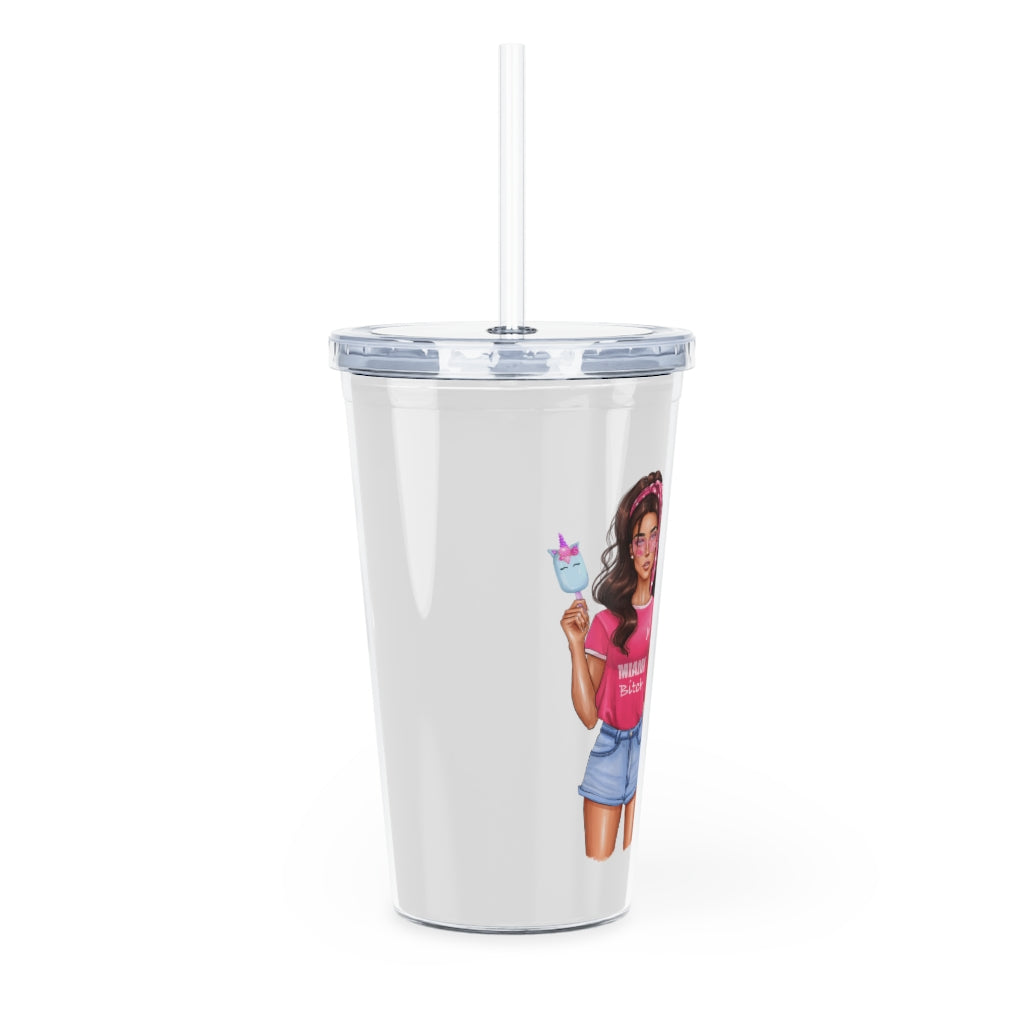 Vac Mood is On Brown Hair Plastic Tumbler with Straw