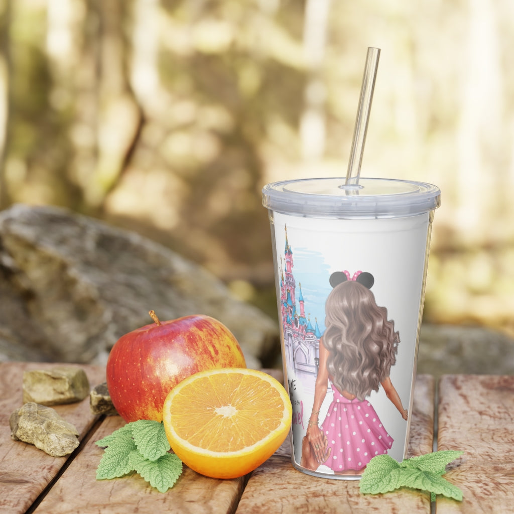 Take me and Let's go Travel Blond Hair Plastic Tumbler with Straw