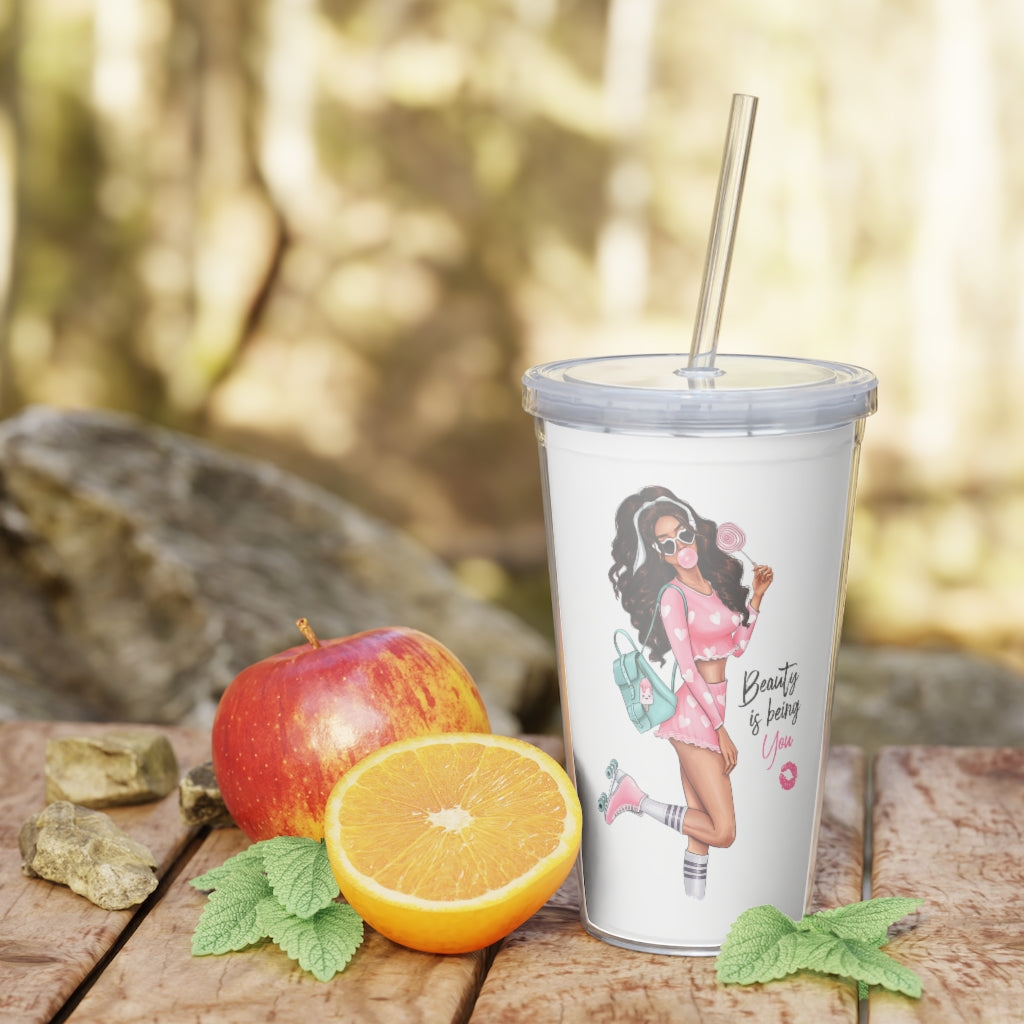 Beauty is Being You Brown Hair Plastic Tumbler with Straw