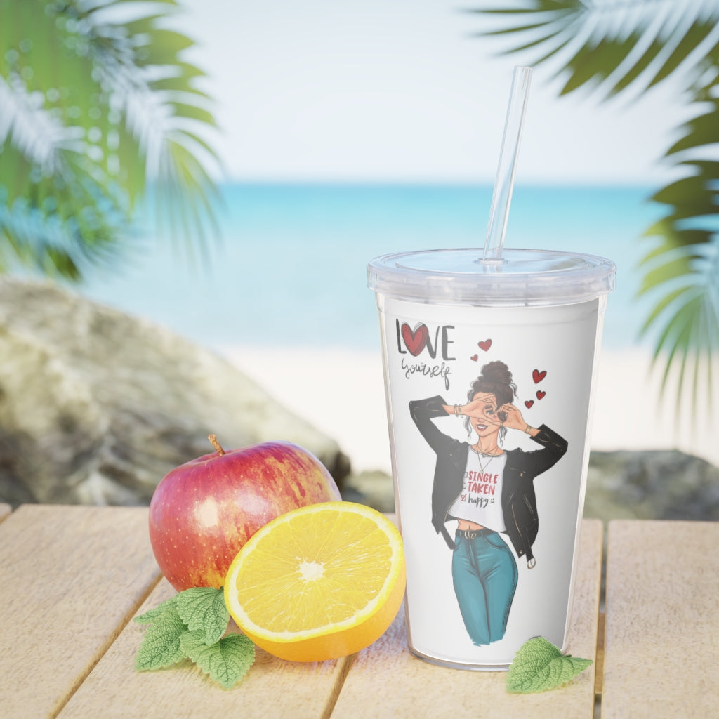 Love Yourself Brown Hair Plastic Tumbler with Straw