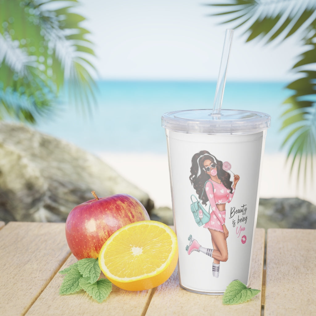 Beauty is Being You Brown Hair Plastic Tumbler with Straw