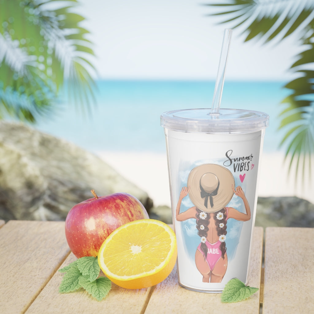 Summer Vibes Brown Hair Plastic Tumbler with Straw