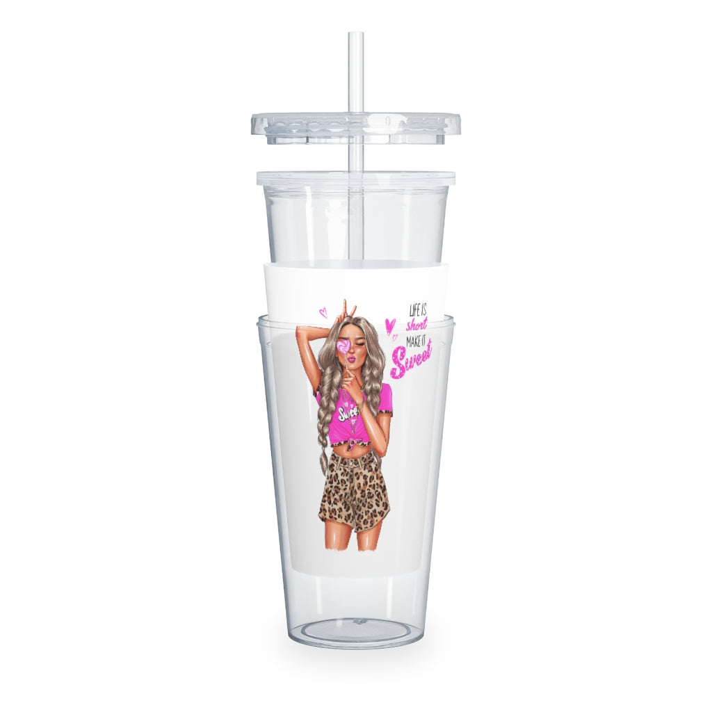 Life is Short Make it Sweet Blond Hair Plastic Tumbler with Straw