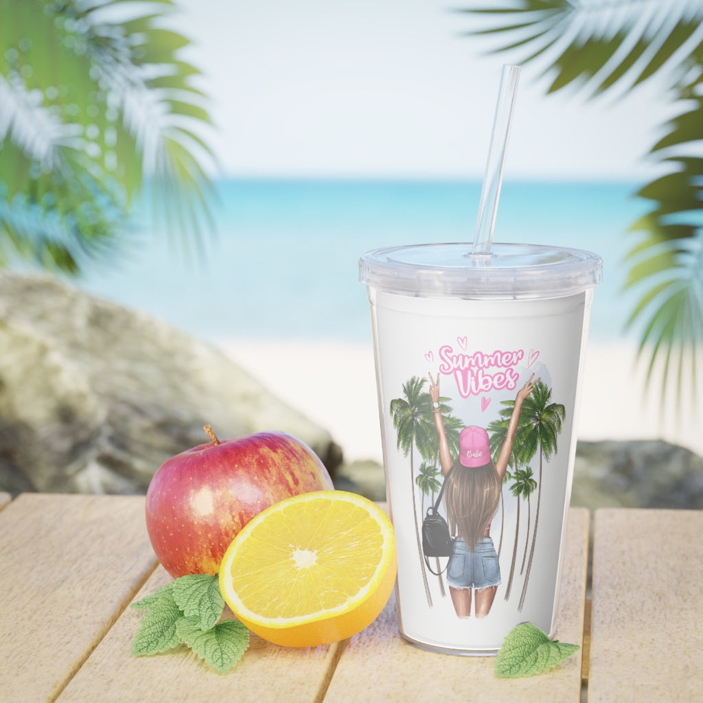Summer Vibes Blond Hair Plastic Tumbler with Straw