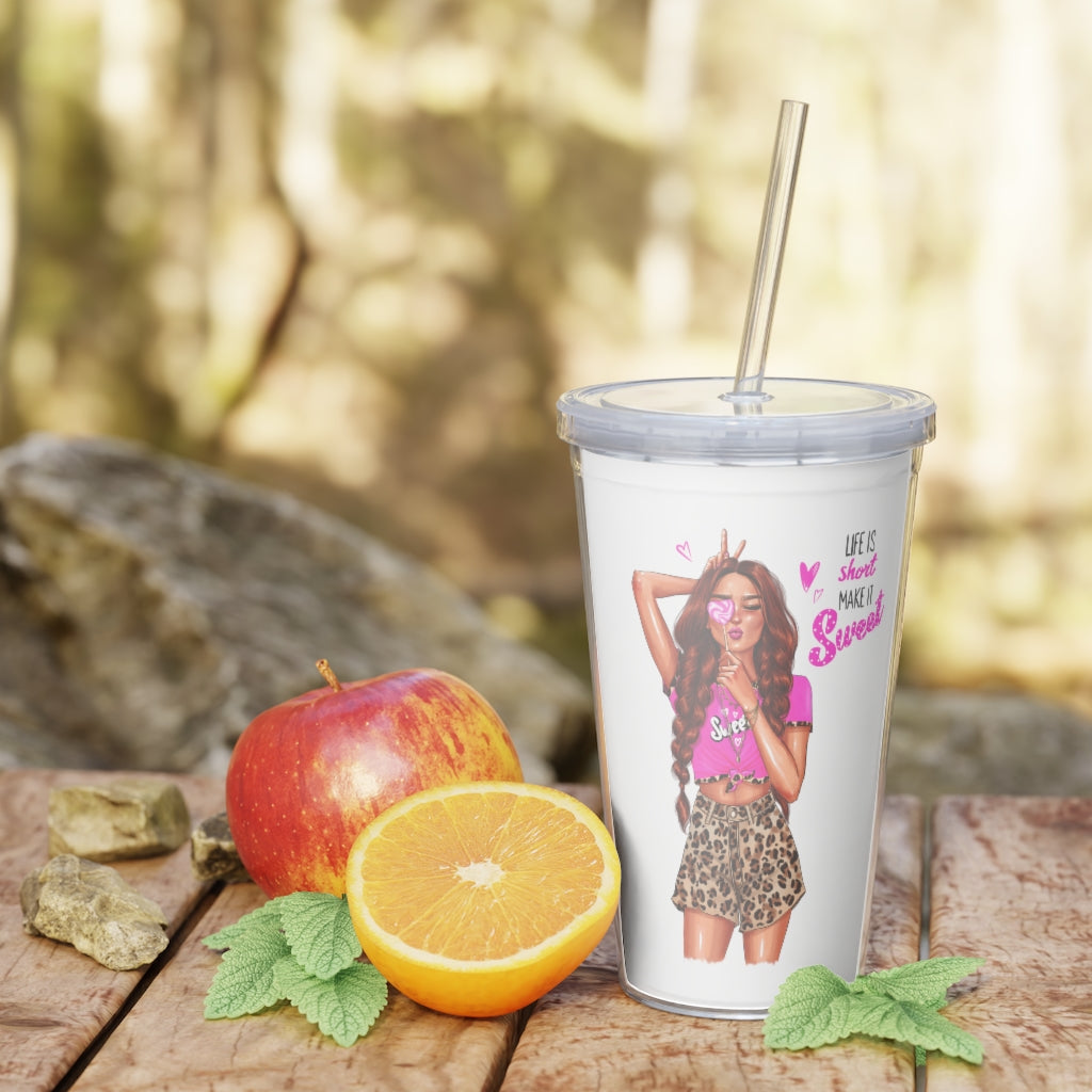 Life is Short Make it Sweet Red Hair Plastic Tumbler with Straw