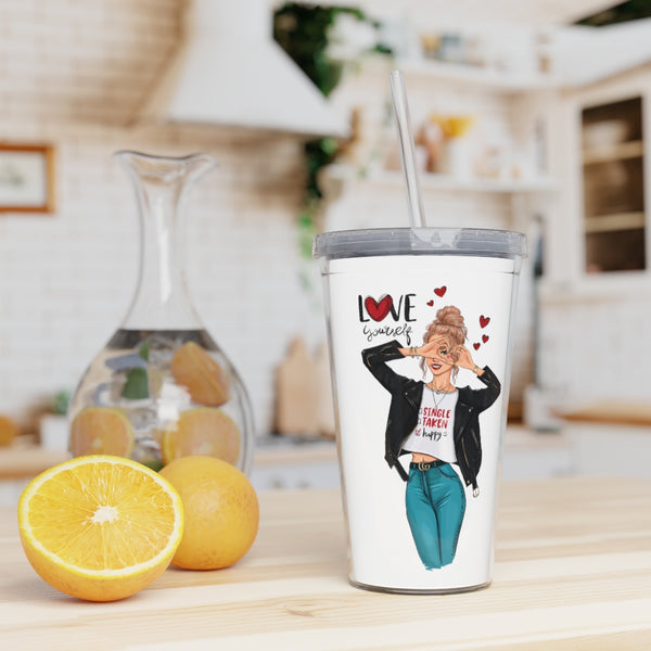 Love Yourself Blond Hair Plastic Tumbler with Straw