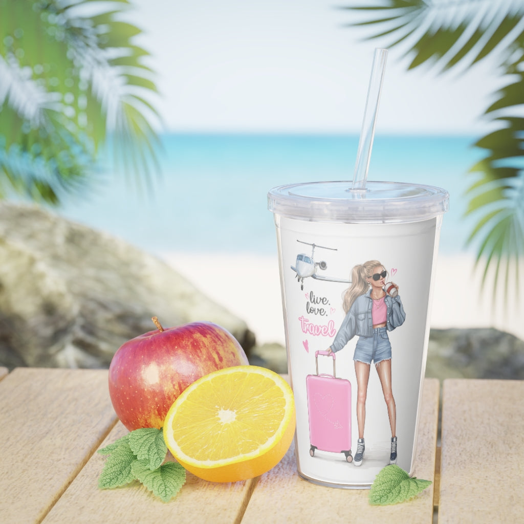 Live Love Travel Blond Hair Plastic Tumbler with Straw