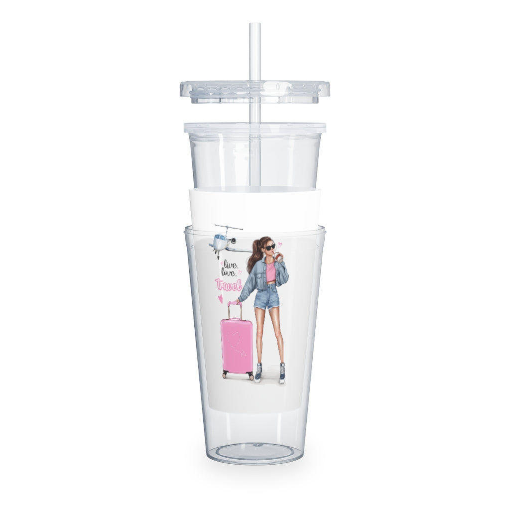 Live Love Travel Brown Hair Plastic Tumbler with Straw
