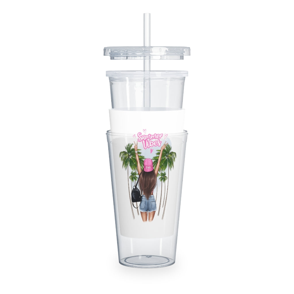 Summer Vibes Brown Hair Plastic Tumbler with Straw