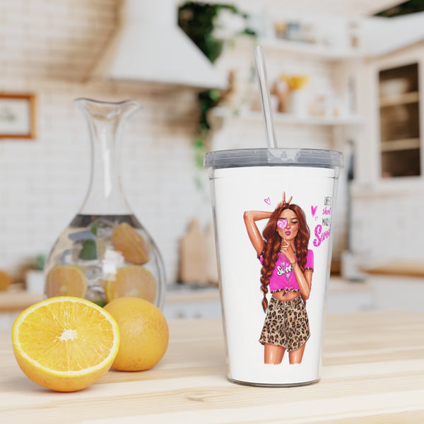 Life is Short Make it Sweet Red Hair Plastic Tumbler with Straw