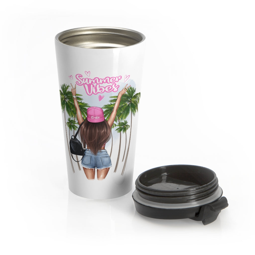 Summer Vibe Brown Hair Stainless Steel Travel Mug