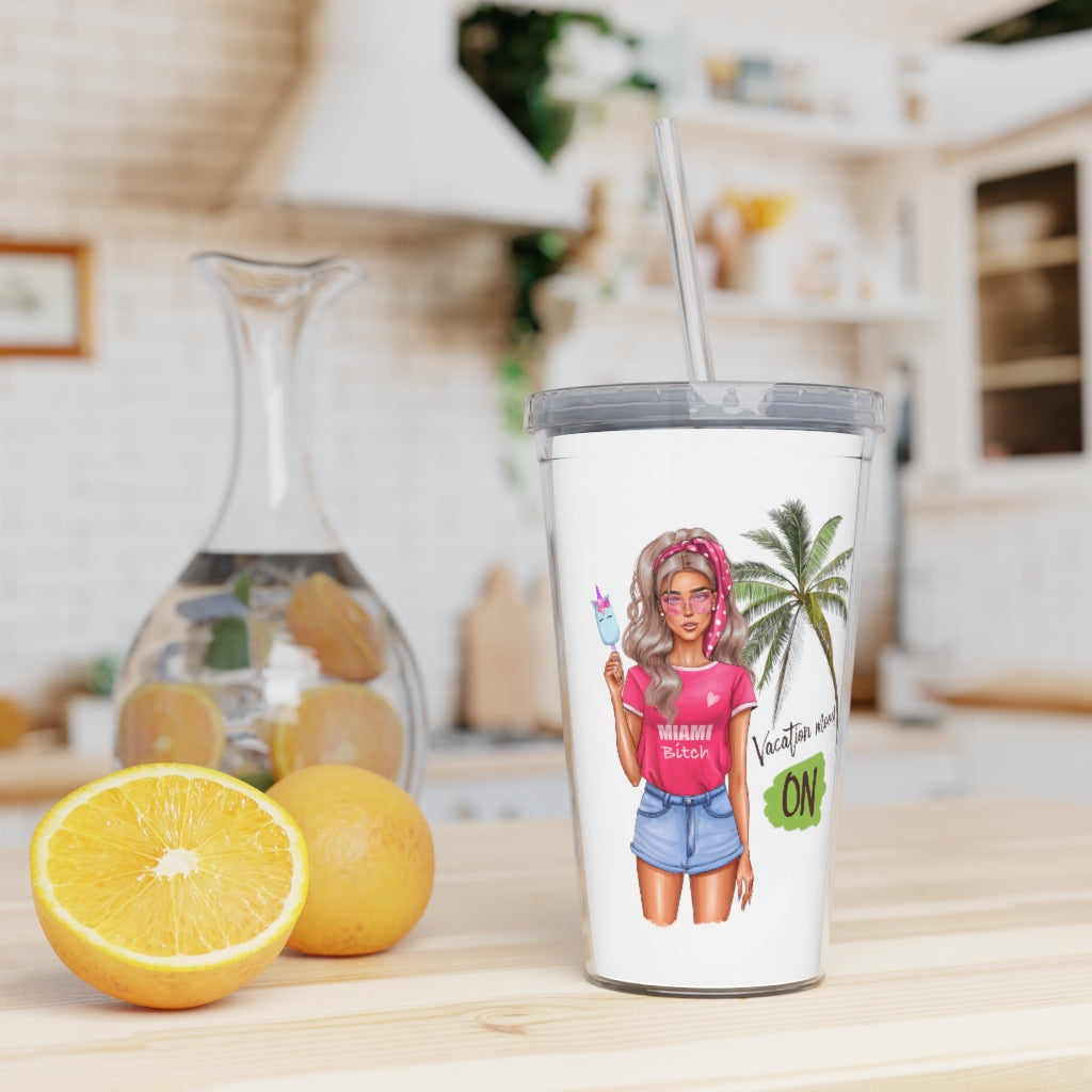 Vac Mood is On Blond Girl Plastic Tumbler with Straw