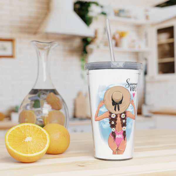 Summer Vibes Brown Hair Plastic Tumbler with Straw