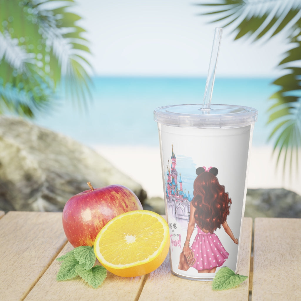 Take me and Let's go Travel Red Hair Plastic Tumbler with Straw