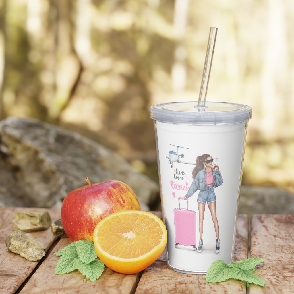 Live Love Travel Red Hair Plastic Tumbler with Straw