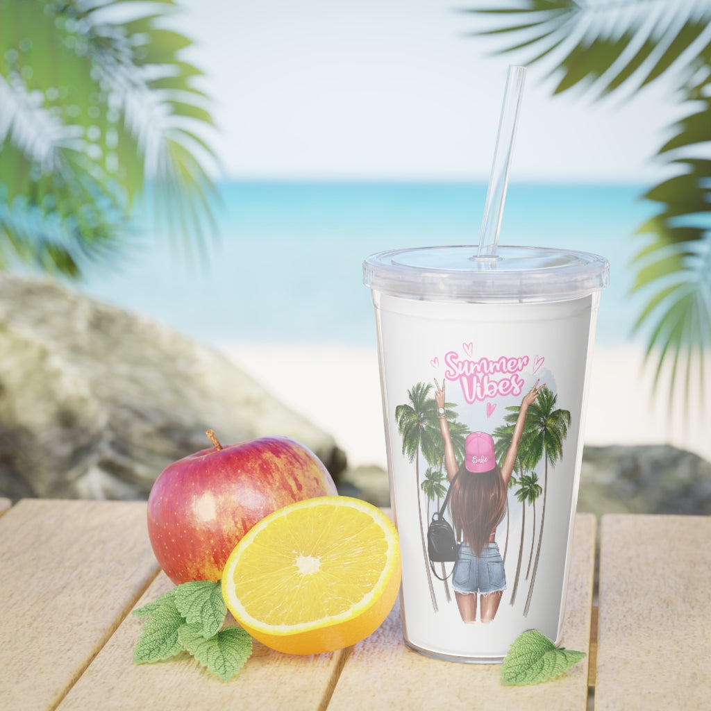 Summer Vibes Red Hair Plastic Tumbler with Straw