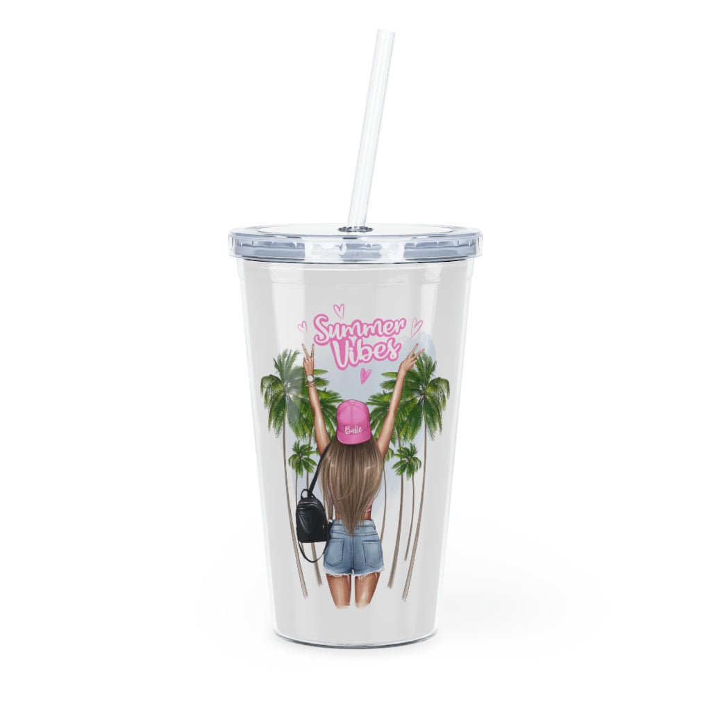 Summer Vibes Blond Hair Plastic Tumbler with Straw