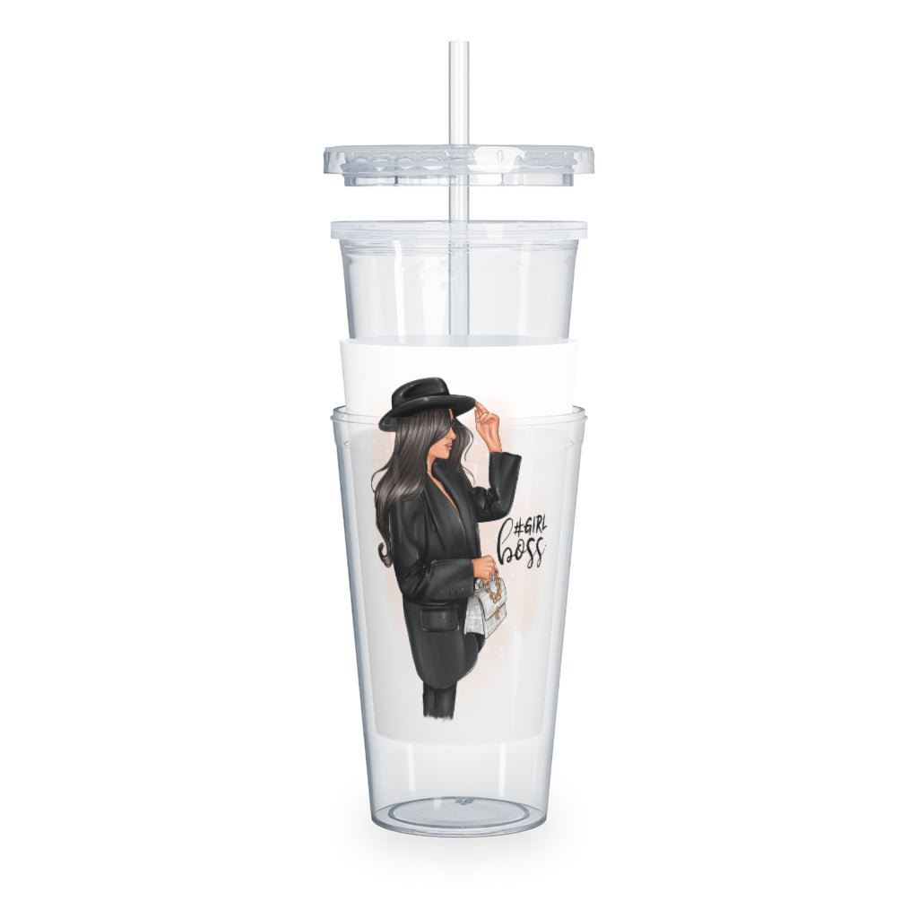 Plastic Tumbler with Straw Girl Boss Black Hair