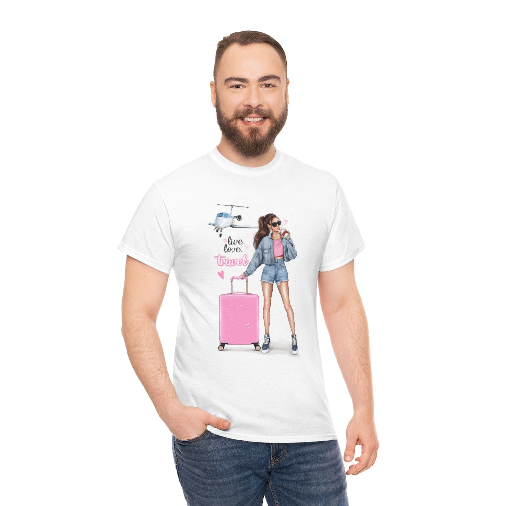 Live Love Travel Brown Hair Unisex Cotton Tee