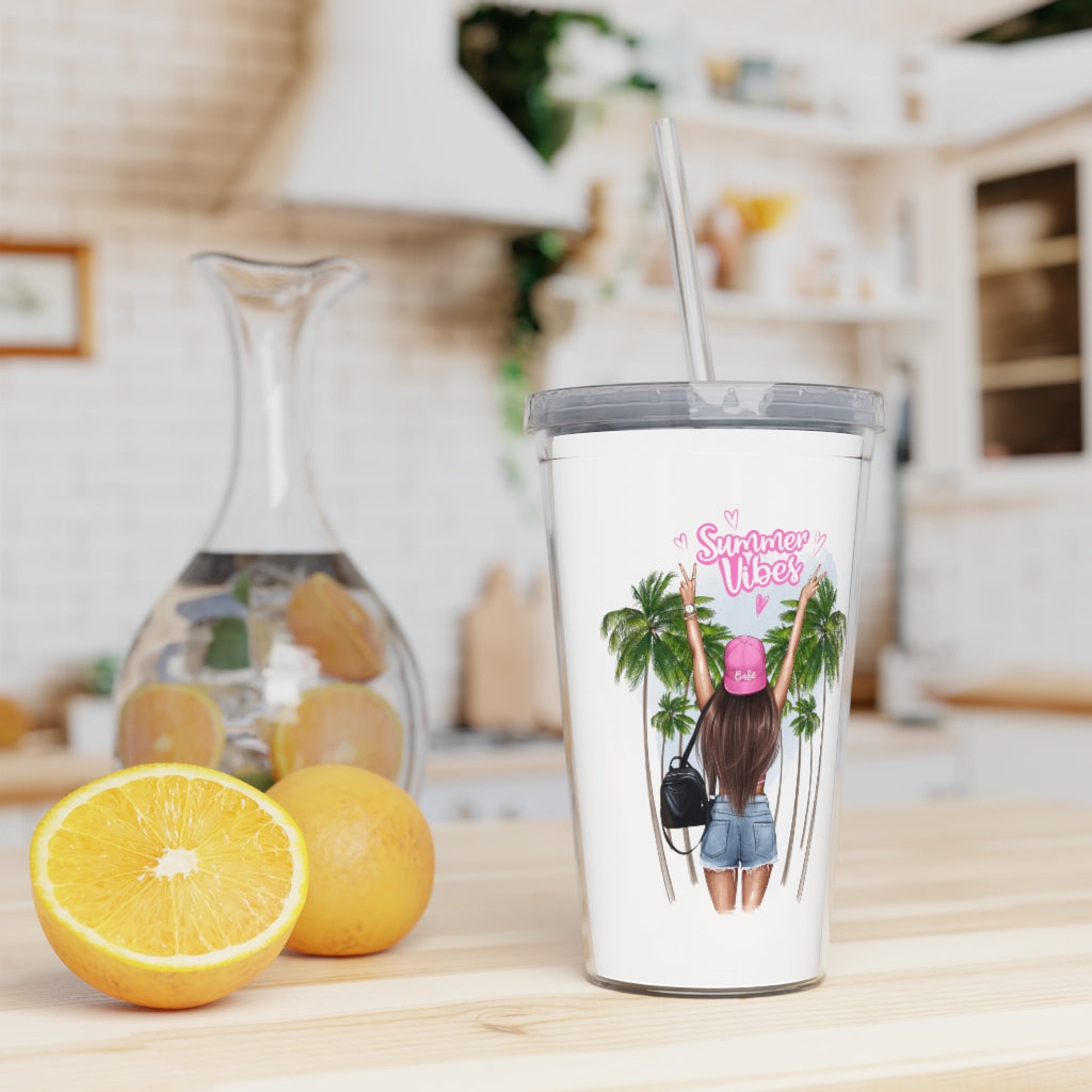 Summer Vibes Brown Hair Plastic Tumbler with Straw