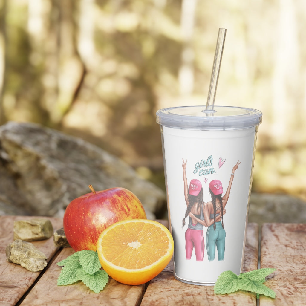 Girls Can Brown Hair Plastic Tumbler with Straw