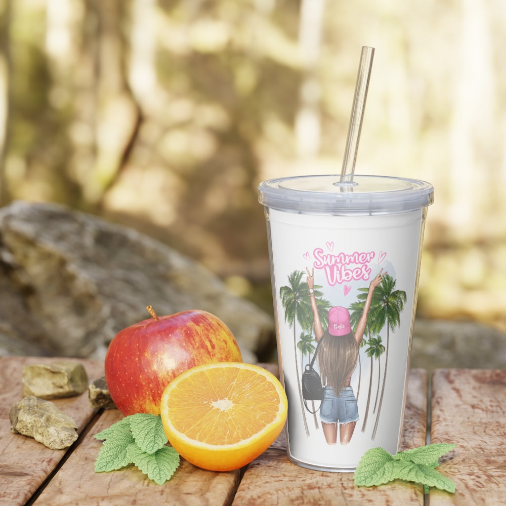 Summer Vibes Blond Hair Plastic Tumbler with Straw