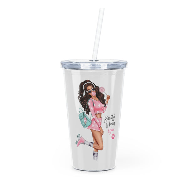 Beauty is Being You Brown Hair Plastic Tumbler with Straw