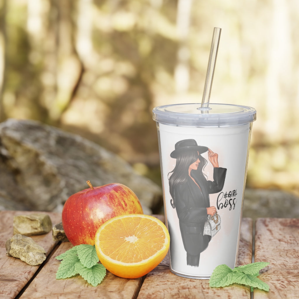 Plastic Tumbler with Straw Girl Boss Black Hair