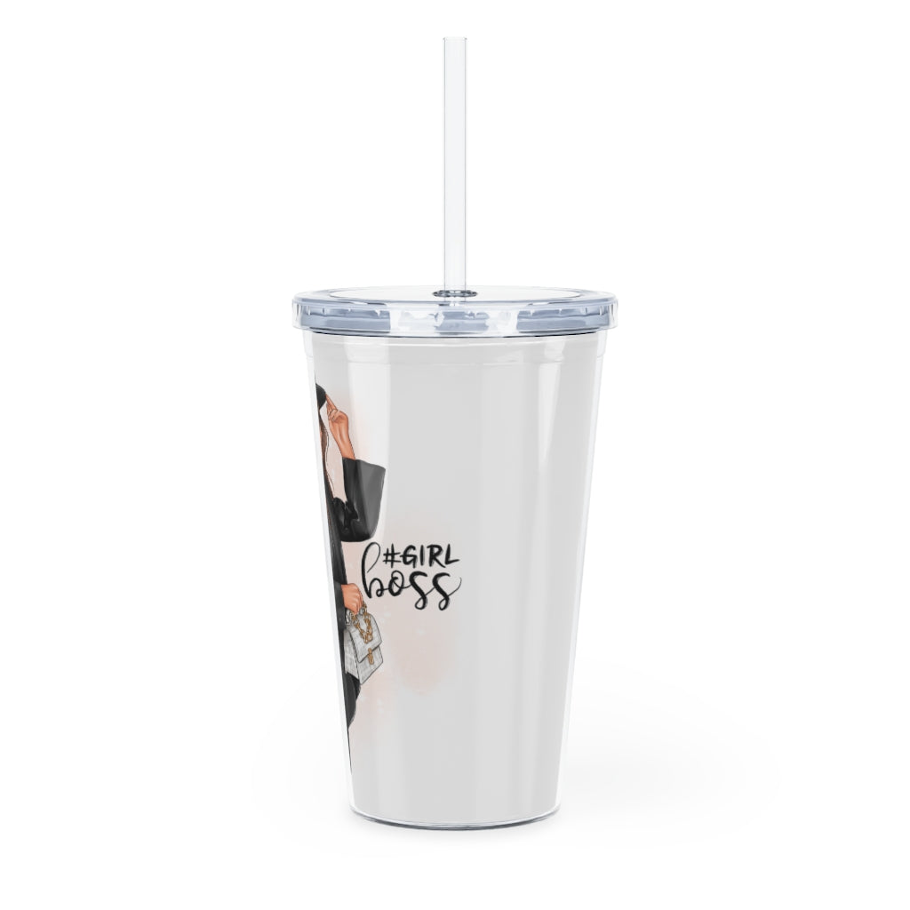 Girl Boss Brown Hair Plastic Tumbler with Straw