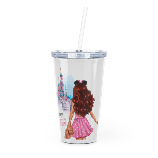 Take me and Let's go Travel Red Hair Plastic Tumbler with Straw