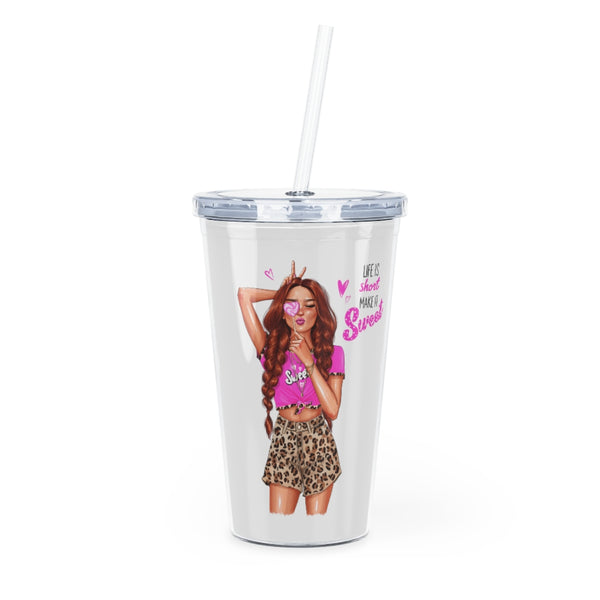 Life is Short Make it Sweet Red Hair Plastic Tumbler with Straw